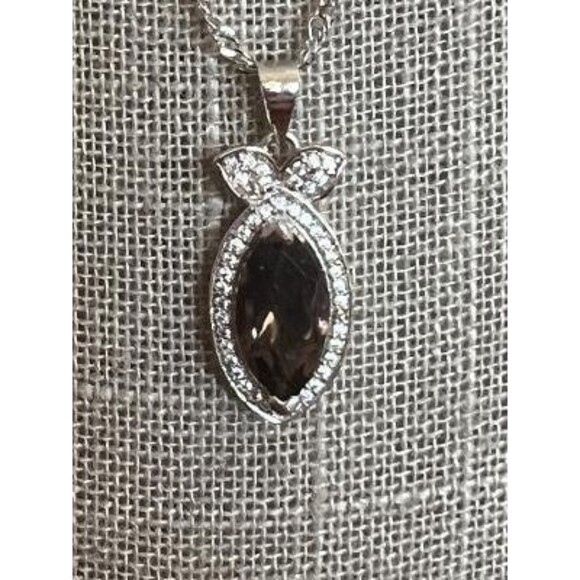 Vintage Silver Plated 20" Necklace with Smokey Quartz & Rhinestone Pendant - Picture 2 of 5